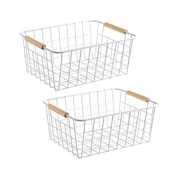 LeleCAT wire white baskets with Wooden Handles Storage Organizer Baskets, Household Refrigerator for Cabinets, Pantry, Closets, Bedrooms, kitchen - Set of 2（White）