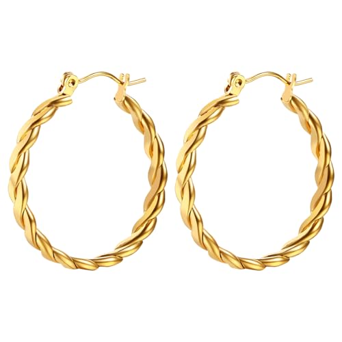 JewelryWe Boucles d'Oreilles Femme Créole: Boucle d'Oreille Acier Inoxydable Epaisses Dorés Fantaisie et Élégantes Gros Cercle avec Texture Pli Lisse - Cadeau Femme Anniversaire St Valentin