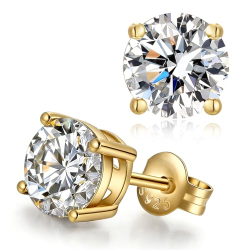 Image of Gold Cubic Zirconia Stud Earrings 925 Sterling Silver Simulated Diamond Studs Hypoallergenic Round CZ Cartilage Earring Piercing Jewellery Gifts for Women Men 7 mm