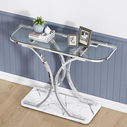 O&K FURNITURE Silver Glass Console Tables for Entryway,Glass Entryway Table with Curved Frames and Marble Base, Modern Entrance Table Sofa Table for Living Room,Hallway,Silver Glass&White Marble - Image 5