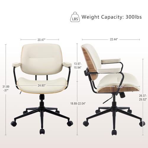 Image of Mid Century Modern Office Chair with Adjustable Backrest, Wooden Desk Chair with Armrests, Swivel Height Adjustable Home Office Chair, Comfortable Task Chair for Home Office, Beige