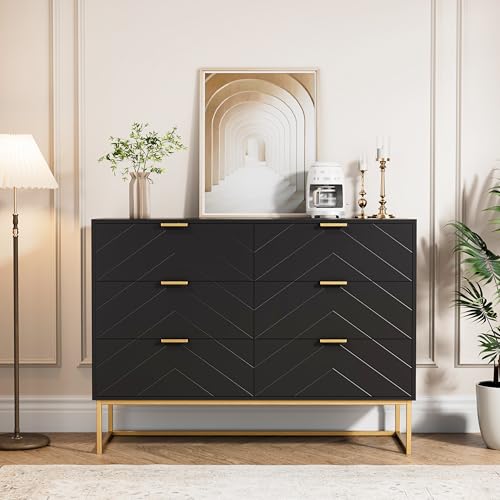 UEV Commode avec 6 Tiroirs 100cm, Meuble de Rangement, 100x34x73,5cm, Noir