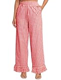 Flygo Women's Gingham Pants Y2K Cotton Wide Leg Ruffle Hem Lounge Pants Plaid Elastic Wasited Trouser with Pockets(OrangeRed-M)