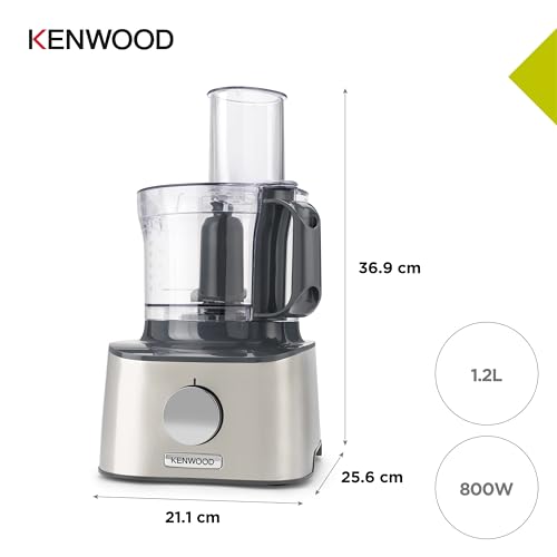 Kenwood Multipro Compact Food Processor, 1.2L Bowl, 1.2L Thermo-resist Glass Blender, Dough Hook, Whisk, Reversible Slicing and Grating Discs, Spice Mill, 800 W, FDM302SS, Silver