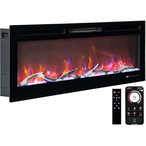 ChicHabitat 50” Built-in Electric Fireplace Smart WiFi Infrared Linear Fireplace 750W/1500W 13 Lifelike Flame Options Low Noise Equipped with Alexa & Remote Control, Thermostat, Timer Cover