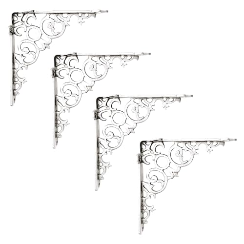 NACH Decorative Shelf Brackets, 4 Pack of 8 x 1.6 x 8 inch, Antique White Cast Iron Shelf Support Bracket - Metal Shelf Brackets for Wall - Victorian Shelf Bracket