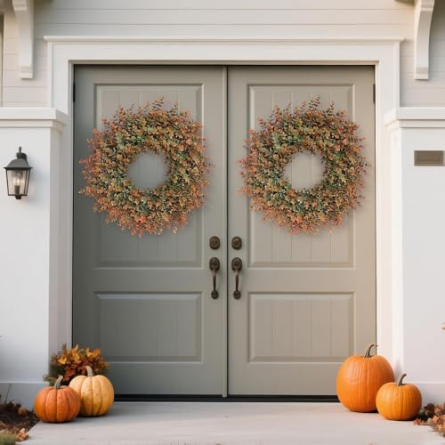 Image of 26 inch Large Fake Eucalyptus Fall Wreath for Front Door Decor(Orange-Green) | Artificial Outdoor Wreath, UV and Water Resistant, for Porch /Window /Wall /Farmhouse /Home /Thanksgiving Day /Autumn Decor