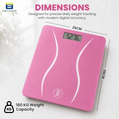 Image of Btag Premium Digital Body Weight Scale | 26x26 cm Wide Platform | Clear LCD Display | Anti-Skid Base | 180 kg Capacity S-Shape Design (Pink)