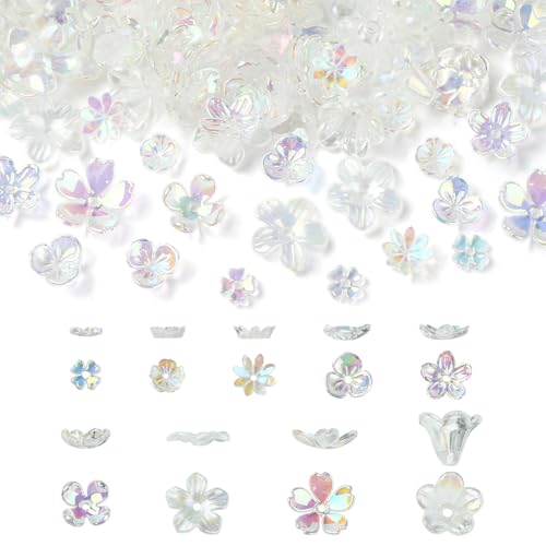 LiQunSweet 200 Pcs 9 Styles Transparent Flower Acrylic Bead Caps Spring Floral Resin Spacer Beads for DIY Jewelry Bracelet Earring Craft Accessory