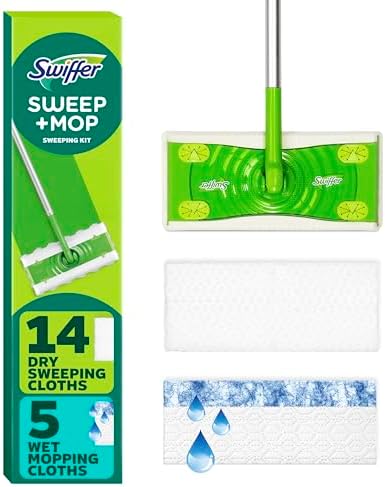 Swiffer Sweeper Dry and Wet Starter Kit for Floor Mopping and Cleaning, All Purpose Cleaner, Includes: 4 Dry Heavy Duty Cloths, 3 Wet Heavy Duty Pads, 10 Dry Cloths, 2 Wet Pads