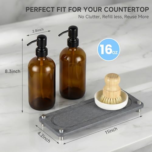 2 Pack Kitchen Soap Dispenser Set - 16oz Amber Glass Dish and Hand Soap Dispenser with Stainless Steel Pump, Instant Dry Tray, Dish Brush & Holder, Refillable Countertop Sink Decor for Kitchen & Bath - 4