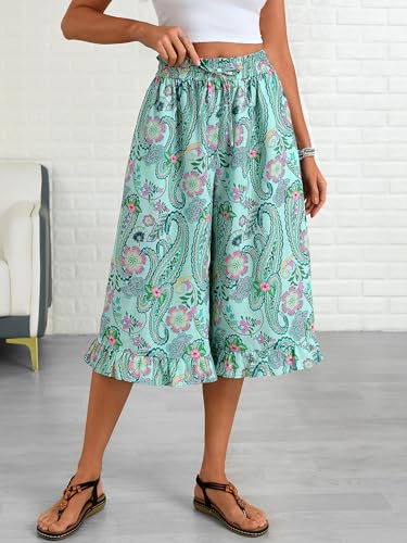 Image of Womens Wide Leg Palazzo Capri Pants Fun Vintage Print Flowy Cropped Capris