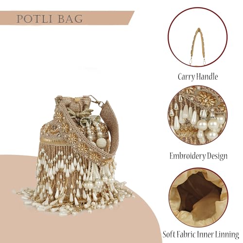 Image of Nevis Silk Fabric Designe Fringe Potli Bag with Pearl Tassels & Beaded Handle | Luxury Ethnic Drawstring Clutch for Wedding