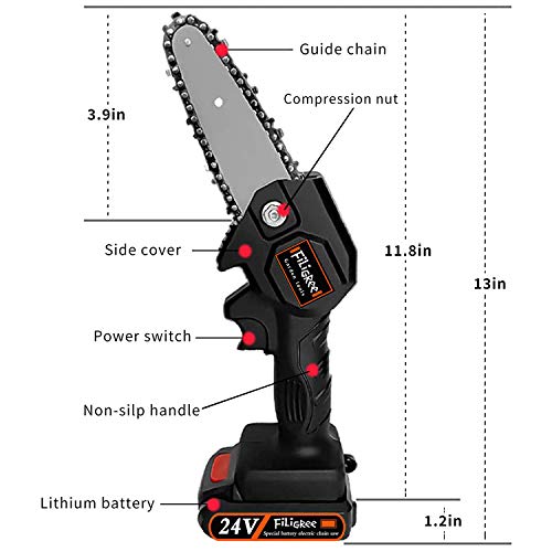 FiLiGRee Mini Chainsaw, 4 Inch Cordless Electric Portable Battery Chain Saw with 2Pcs Rechargeable Battery and 2Pcs Chain, 0.7kg Lightweight Electric saws for Tree Branch Wood Cutting