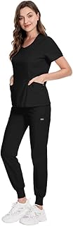 niaahinn Scrubs for Women Set Solid Colors Nursing Uniforms Classic V-Neck Scrub Top & Jogger Scrub Pants (Black,XLL)