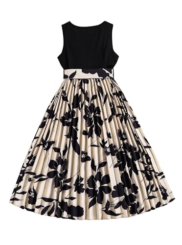 Girl's Floral Dress Summer Sleeveless Vintage Pleated Tank Dresses with Belt2