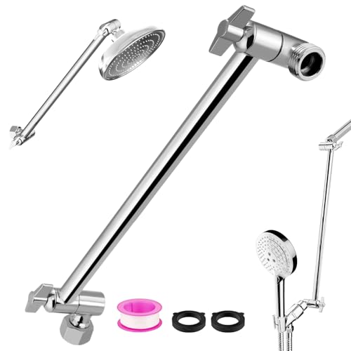 Rain Shower Head Extension 12 Inch Adjustable Rain Shower Head Extension Arm Stainless Steel Shower Head Holder G1/2 Universal Connector Compatible (Chrome Finish)