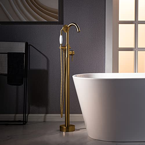 WOODBRIDGE WOODBRIDGEE High Flow Rate 8 GPM Freestanding Tub Filler Faucet with Hand Shower in (Brushed Gold) Finish,F0026BGVT by WOODBRIDGE - Used condition - US$71.61