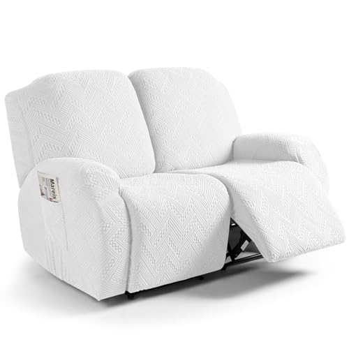 Image of Ruaozz Recliner Loveseat Covers 2 Pieces Recliner Sofa Covers with Pockets Stretch Reclining Couch Slipcover Washable Furniture Protector with Elastic Bottom (2 Seater, Ivory)