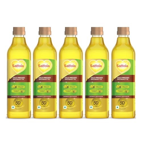 Image of Saffola Cold Pressed Groundnut Oil | 100% Cold Pressed Groundnut Oil | Helps Lower Cholesterol, Goodness of Omega 6 & Authentic Seed Flavour | 1L Pet Bottle (Pack of 5)