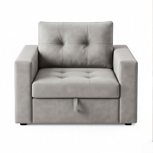 Image of FURNY Tressa 1 Seater Fabric Pull-Out Sofa Cum Bed (Light Grey) | Premium Velvet Finish | Durable Comfort | Ideal for Living Room