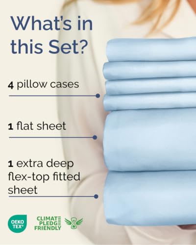 Image of Extra Deep Flex Top Split Head King Sheet Set - 6 Piece Breathable and Cooling Sheets - Hotel Luxury Bedding for Women, Men, Kids & Teens - Easy Secure Fit - Extra Deep Pockets - Light Blue