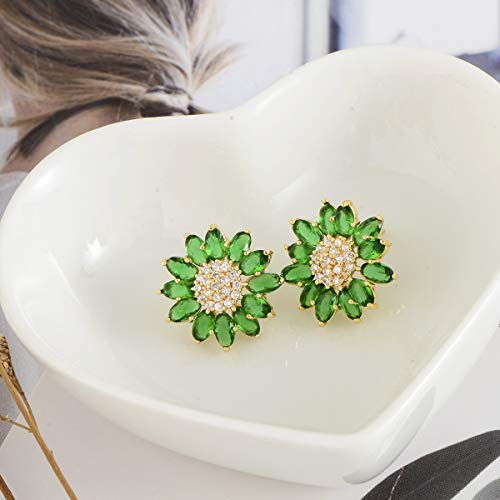 Green Crystal Flower Stud Earirings - Elegant Hypoallergenic Large Big 14K Gold Plated Sterling Silver Sparkly Emerald Cz Cubic Zirconia Rhinestone Daisy Sunflower Floral Cluster Flower Burst Stud Earrings Bridal Wedding Party Prom Costume Jewelry For Bride Bridesmaids Women Girls Birthstone Birthday Gift #TOP5