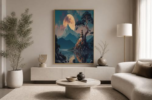 Impression sur toile de lin CDXNORA paysage de pagode bleu - 3