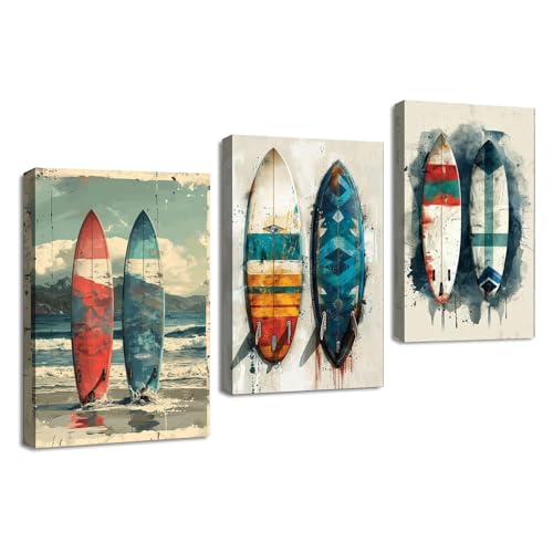 TZKRWRH Panorama Quadro personalizado tela, prancha de surf Seaside Waves quadros decoração quarto quadros para casa de banho modernos quadros de sala pequenos decoração - 30 x 40 cm x 3 emoldurado