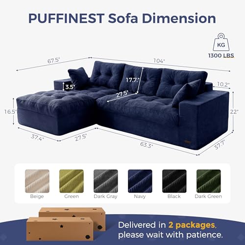 Image of MAXYOYO 104 inch L Shaped Modular Sectional Sofa with Ottoman, Tufted Boneless Couch with Layered Cushion, Upholstered Flexible Module Combination Sofa for Living Room, No Assembly, Navy