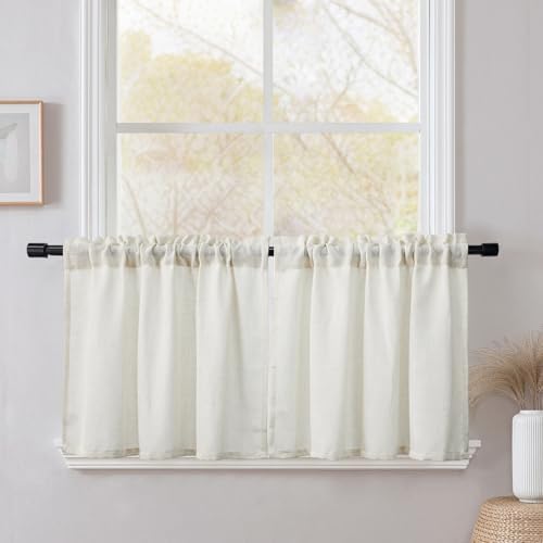 CUCRAF Scheibengardine Küchengardinen Bistrogardine 2er Set Natur Leinen H 60 x B 120 Hellbeige Halb Transparent Stores Gardinen Fenster Leinenvorhang Gardinenschal
