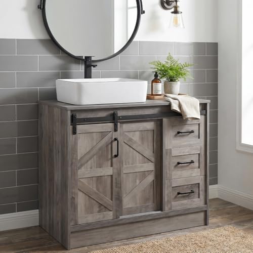 SOLIDEE 36" Farmhouse Bathroom Vanity with Sink, Bathroom Storage Cabinet with Sliding Barn Doors & Drawers, Freestanding Vanity with White Ceramic Vessel Sink Combo Set