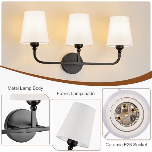 Image of Bathroom Vanity Light, Matte Black Bathroom Lighting Fixtures Over Mirror | 3-Light Bathroom Light Fixtures with Flared White Fabric Shade, E26 Socket (ETL Listed)