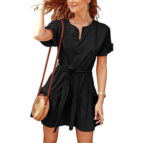 Ladybranch Womens Casual Summer Dresses V Neck Ruffle Hem Black Dress with Belt(Medium,Black) Cover