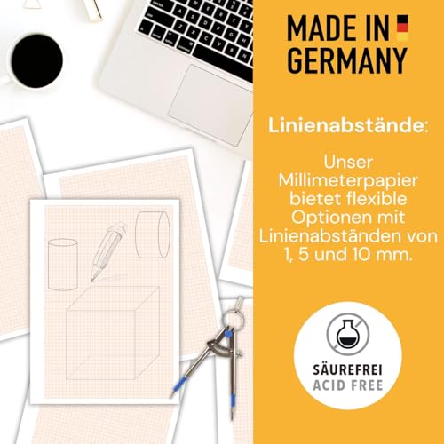 perfect line – 75 Blatt Millimeterpapier DIN-A4 – rote Rasterlinien 1/5/10 mm – 80 g/m² Papier für technische Zeichnungen, Diagramme, für Schule & Büro – lose Blätter – Made in Germany