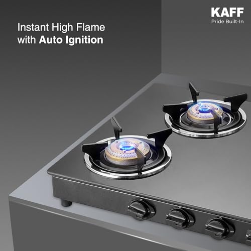 Image of KAFF Gas Cooktop /Hob 69 cm | 4 Brass Burners (1 Jumbo, 2 Big, 1 Small) | Auto Ignition | 8mm Matte Black Toughened Glass | Matt Enamelled Pan Support | Easy Grip Knobs | CTC 69 4B AI