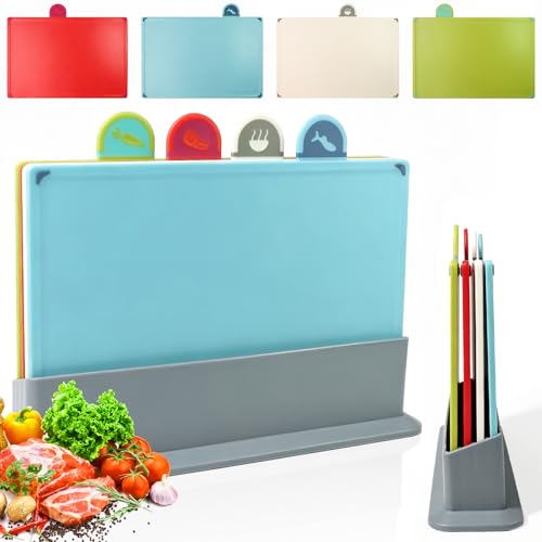 4PCS Colour Coded Chopping Boards Chopping Boards with Stand Cutting Board Set Durable Scratch-Resistant Anti-Slip Cutting Board for Kitchen Cooking Equipment