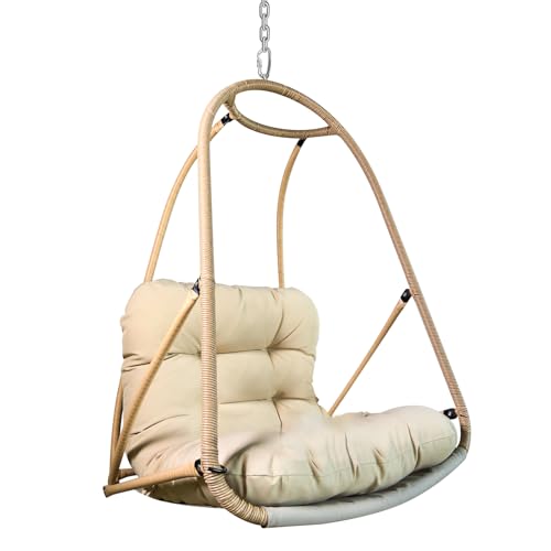JESE Swing Egg Chair Foldable Frame Hanging Chairs, UV Resistant Waterproof Cushion and Cup Holder,Swing Hammock Chairs for Patio,Bedroom,Balcony, Garden-350lbs, No Stand, Brown