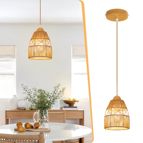 OTeedo Boho Rattan Pendant Light Kitchen Island,Farmhouse Chandeliers Adjustable Height Hanging lamp for Dining Room,Small Kitchen Ceiling Lights Fixtures with Hand Woven Wicker Lampshade Lighting