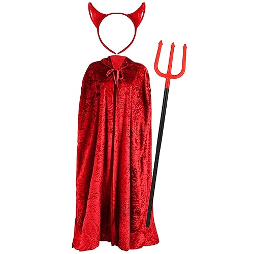 Adults Devil Costume Set - Red Velour Cape, Red Devil Horn Headband and 4 Piece Plastic Devil Fork Trident - Perfect for Devil Dress Up and Halloween Fancy Dress Events