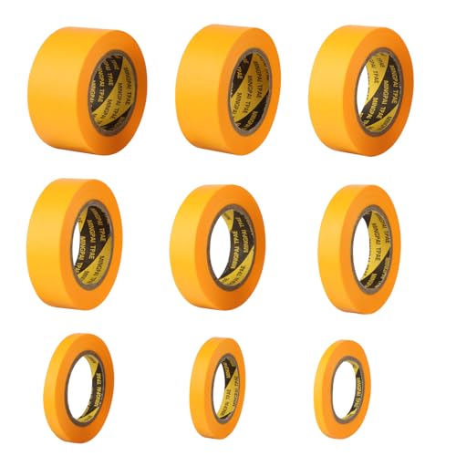 Funtery 9 x Rollen Goldband Klebeband, 6/8/10/12/15/18/20/24/30mm Malerkrepp Kreppband Kreppband Malerband Malerband Gold Papiertape Selbstklebend für Maler und Lackierer, Dekorative Autolackierung