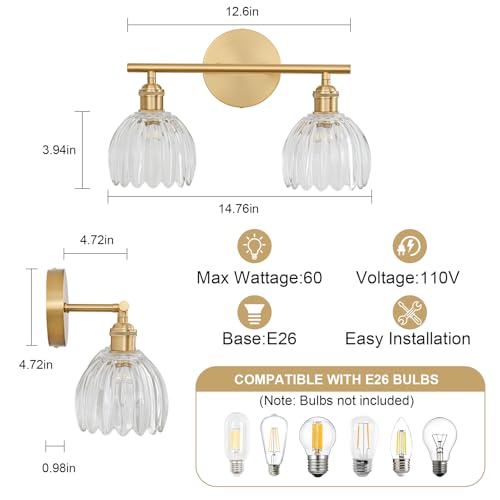 Image of Gold Bathroom Light Fixtures Over Mirror, 2 Light Bathroom Vanity Light with Tulip Transparent Glass Lampshade, Vintage Vanity Lights for Bathroom, Bathroom Vanity Lights Over Mirror