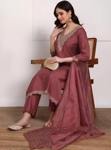 Image of Women's Viscose Rayon Embroidered Kurta Pant Set with Dupatta