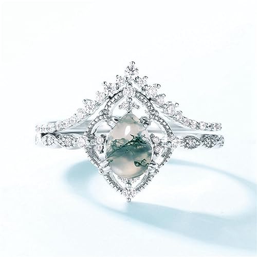Natural Moss Agate Ring for Women Personalized 10K/14K/18K Solid Gold Moss Agate Engagement Ring Moss Agate Wedding Ring Set for Women Size 4-152