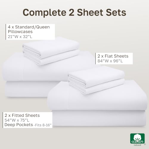 Image of California Design Den 2-Pack Full Size Bed Sheets Sets - Luxury 600 Thread Count Sateen, 100% Cotton Sheets Full Size Bed, Deep Pockets, Soft, Crisp and Durable Bedding - White