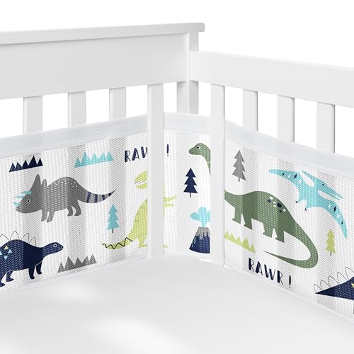 Image of Sweet Jojo Designs + BreathableBaby 2-Piece Breathable Mesh Crib Liner Set (Blue/Green Modern Dinosaur) for Boys, Baby, Infants/Newborn Nursery (Mod Dino, Dinosaurs, Prehistoric, Boho, Bohemian)
