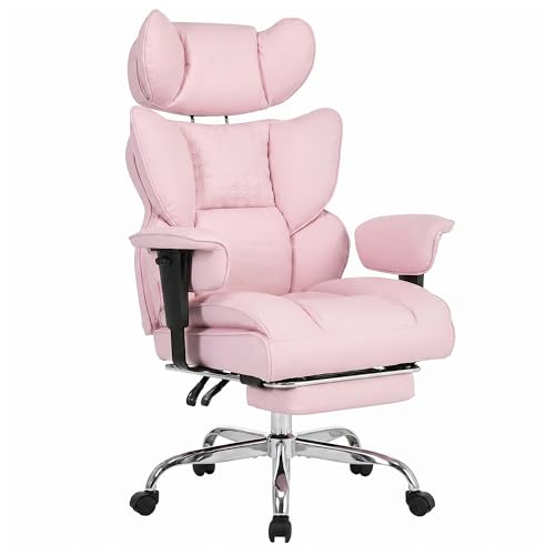 Image of Big and Tall Ergonomic Office Chair,400 LBS,High Back Reclining PU Leather Gaming Chair with Footrest, Adjustable Armrests, Lumbar Support, Executive Desk Chair for Home Office, Pink