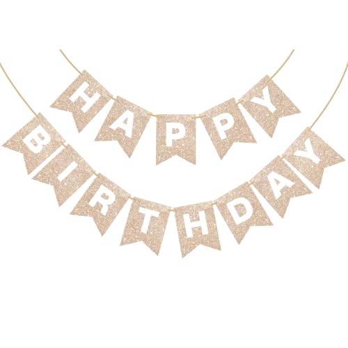Champagne Gold Glitter Happy Birthday Banner Sign for Backdrop Decorations for Women Girls Classic Golden Birthday Party Supplies Wall Door Garland Bunting