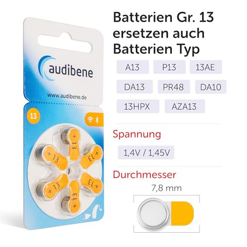 audibene Hörgerätebatterien Typ 13 orange, Batterien für Hörgeräte 60 Stück Vorratspack, Made in Germany, Wireless Approved, quecksilberfrei