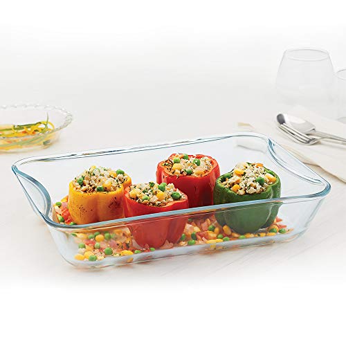 Image of Borosil 2.5 L Baking & Serving Dish with Handle | Bowl Container | Borosilicate Glass Bakeware and Serveware Casserole Dish Tray | Microwave, Oven & Dishwasher Safe | Transparent (Rectangle 2.5L)